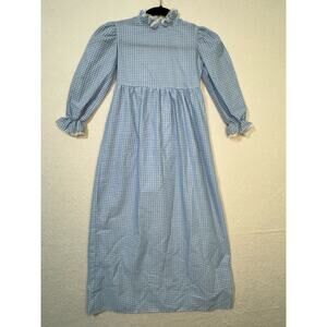 Baylis Brothers 70s VTG Blue & White Gingham Dress Girls 6X 3/4 Sleeve Lace Trim